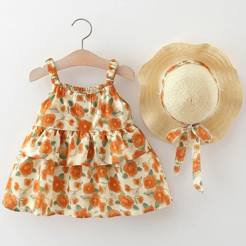 Layered Cotton Floral Dress w Hat