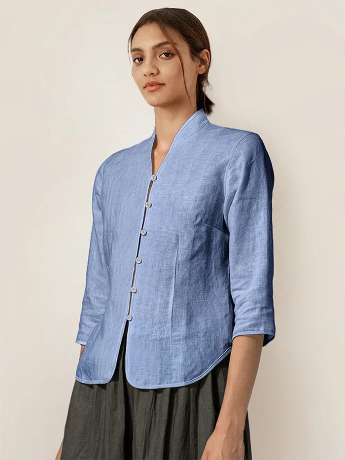 100% Linen Stand-Collar Half-Sleeve Fitted Jacket AMELIA