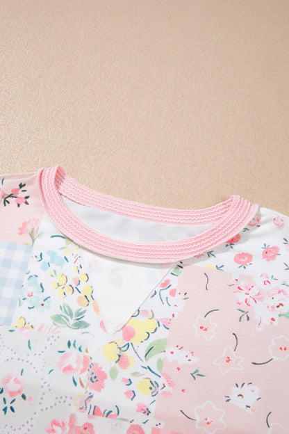 Floral Patchwork Corded Knit Long Sleeve Top