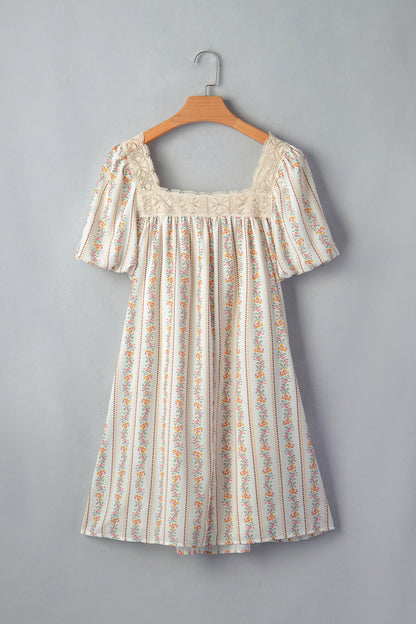 Floral Contrast Ribbon Bow Lace Square Mini Dress