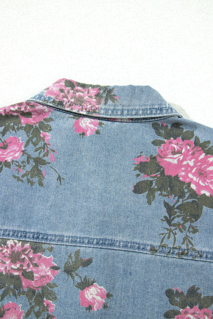 Floral Denim Raw Seam Ruffle Hem Jacket