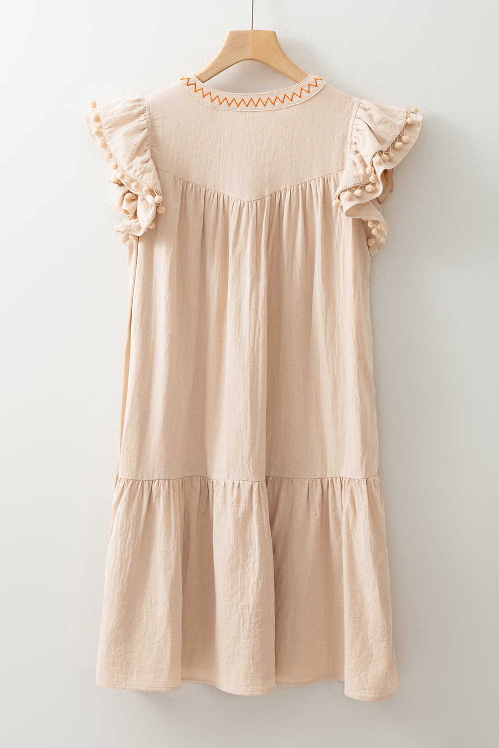 Floral Embroidered Pom Pom Ruffle Sleeve Dress