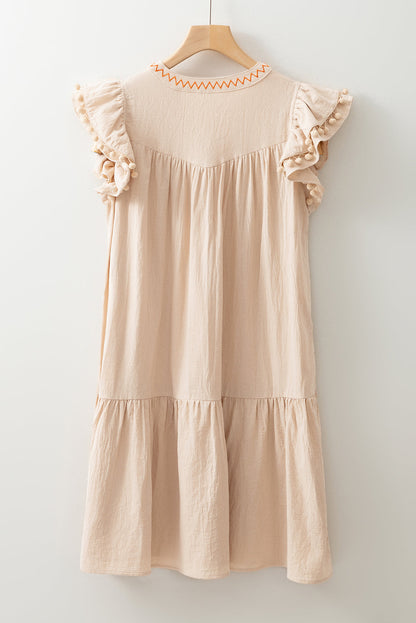 Floral Embroidered Pom Pom Ruffle Sleeve Dress