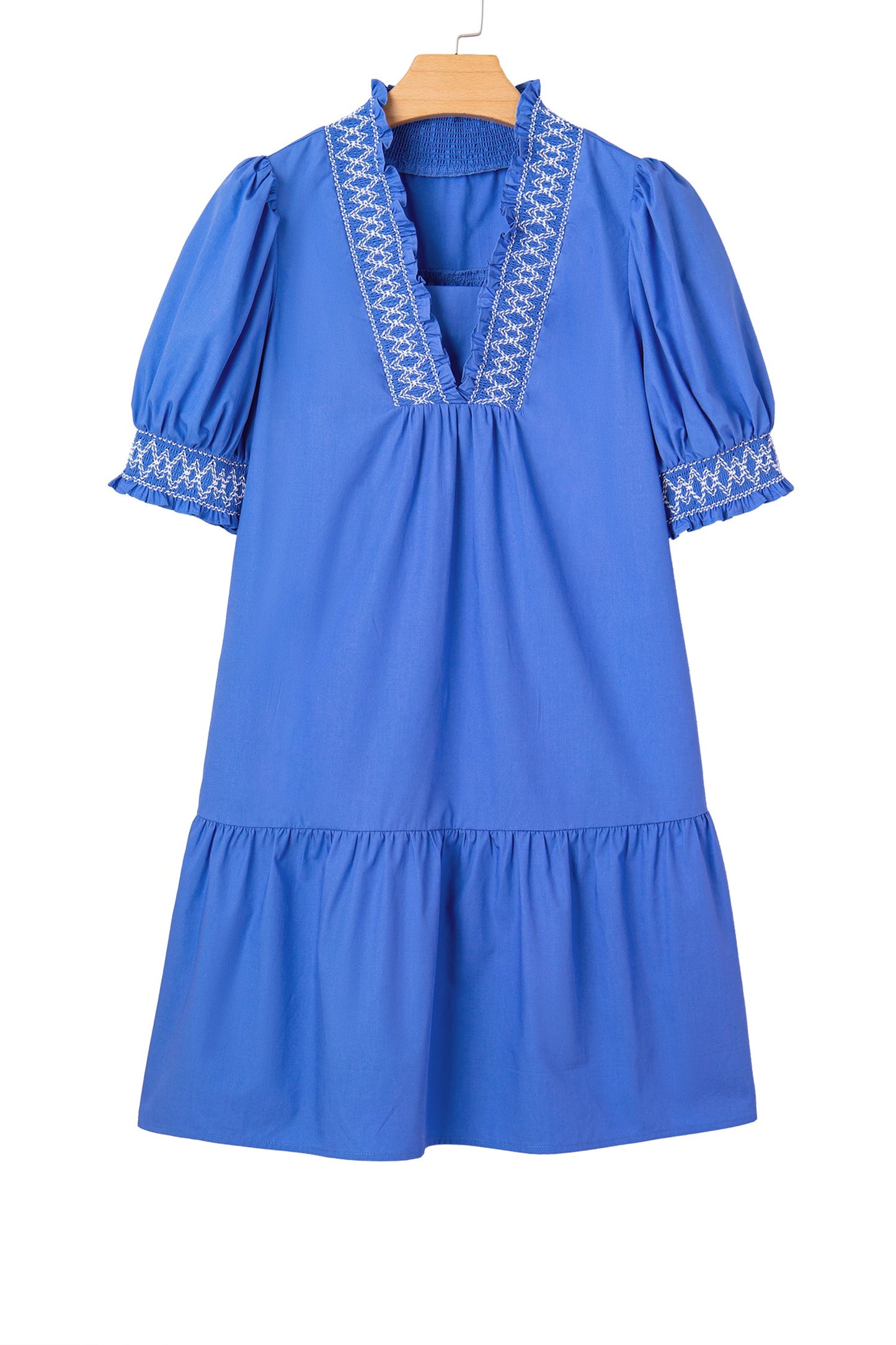 Embroidered Smocked V-Neck Puff Sleeve Mini Dress