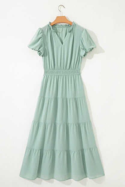 Solid V-Neck Short Puff Sleeve Tiered Maxi Dress