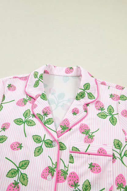 Stripe Strawberry Lapel Shirt & Drawstring Shorts Set