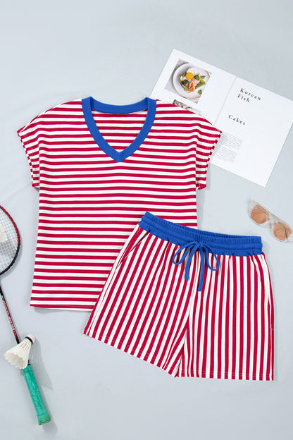 Stripe Colorblock V-Neck Tee & Drawstring Short Set