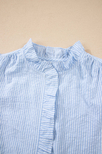 Stripe Floral Embroidered Puff Sleeve Ruffle Trim Shirt