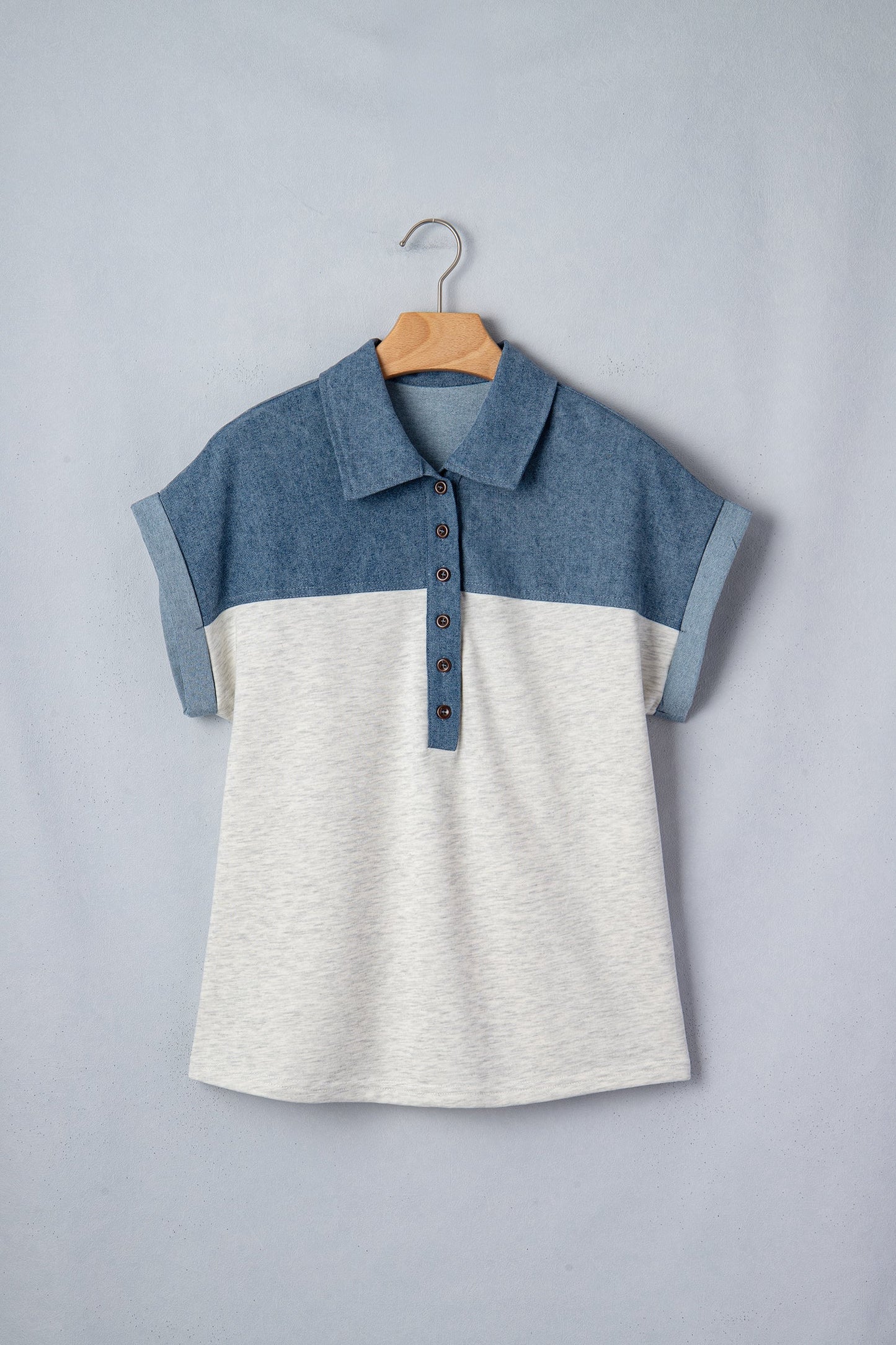 Colorblock Denim Patchwork Buttoned Polo Top