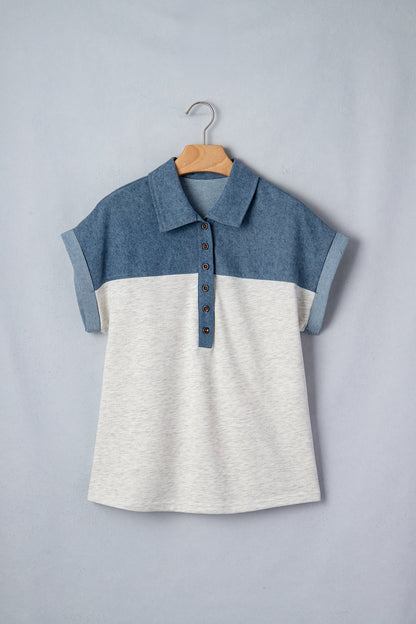 Colorblock Denim Patchwork Buttoned Polo Top