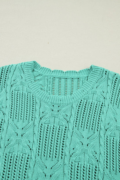 Pointelle Knit Scallop Trim Short Sleeve Sweater