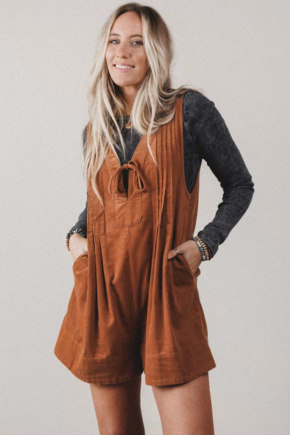Solid Tie V-Neck Sleeveless Corduroy Romper
