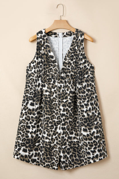 Leopard Denim Pleated Sleeveless Romper