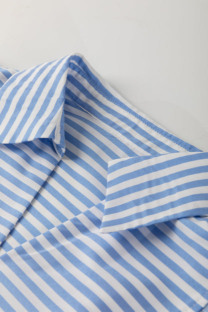 Stripe Shirt Collar V-Neck Ricrac Trim Blouse