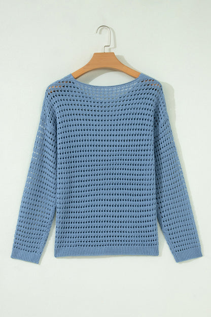 Solid Crochet Knit Long Sleeve Sweater