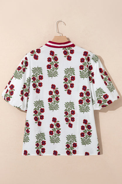 Plus Size Floral Ricrac Trim Short Sleeve Blouse
