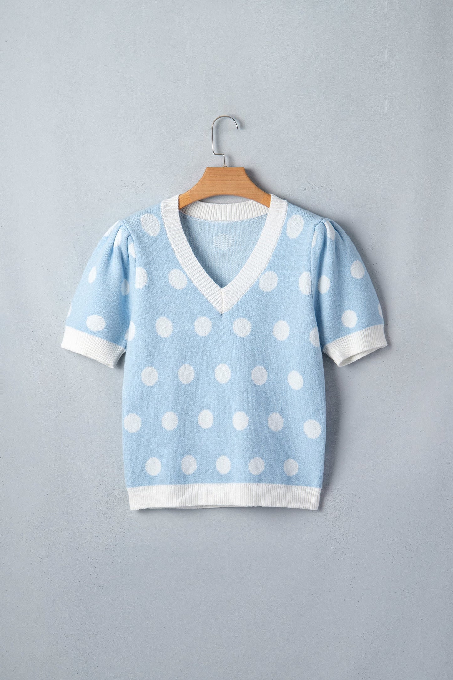 Polka Dot Puff Short Sleeve V-Neck Sweater