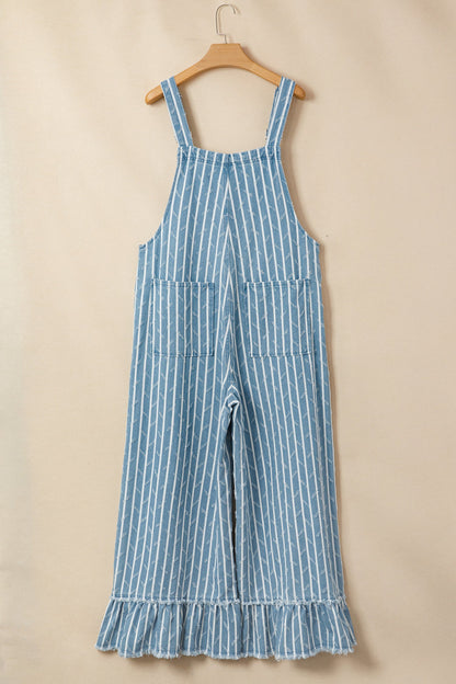 Stripe Distressed Denim Ruffle Wide Leg Overalls