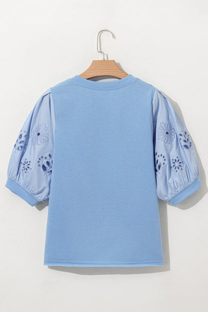 Floral Eyelet Embroidered Puff Short Sleeve Blouse