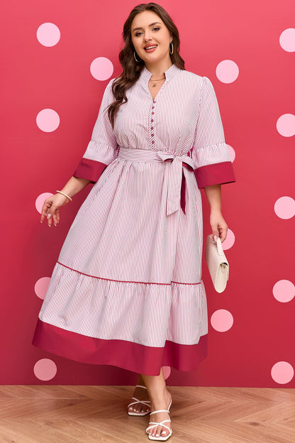 Plus Size Pinstripe Ruffle Hem Midi Dress