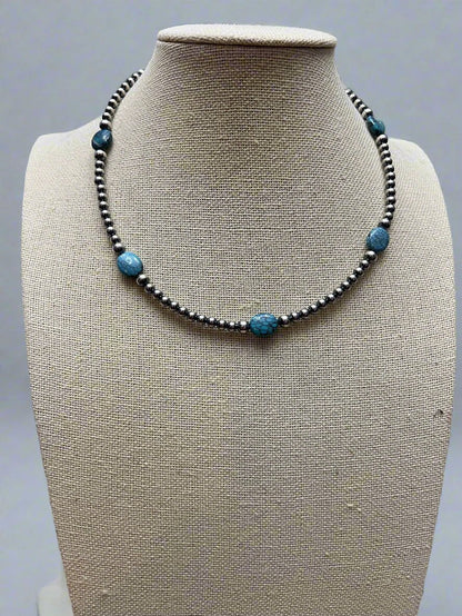 4mm & 5mm Sterling Pearl & Turquoise Choker — 15 inch (Handmade in North Texas)
