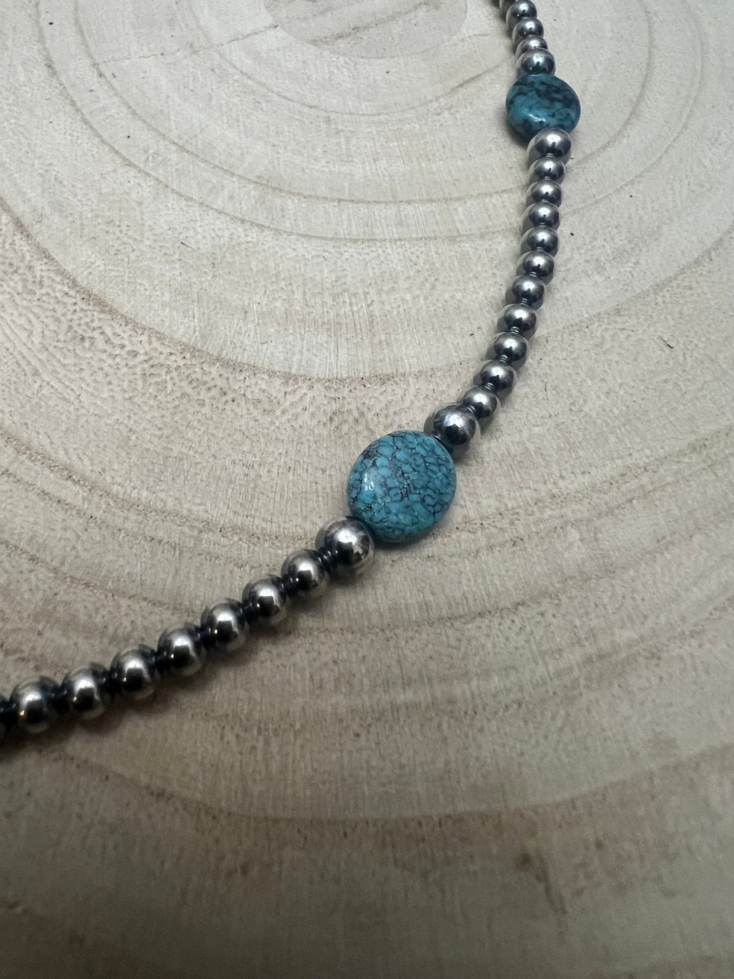 4mm & 5mm Sterling Pearl & Turquoise Choker — 15 inch (Handmade in North Texas)