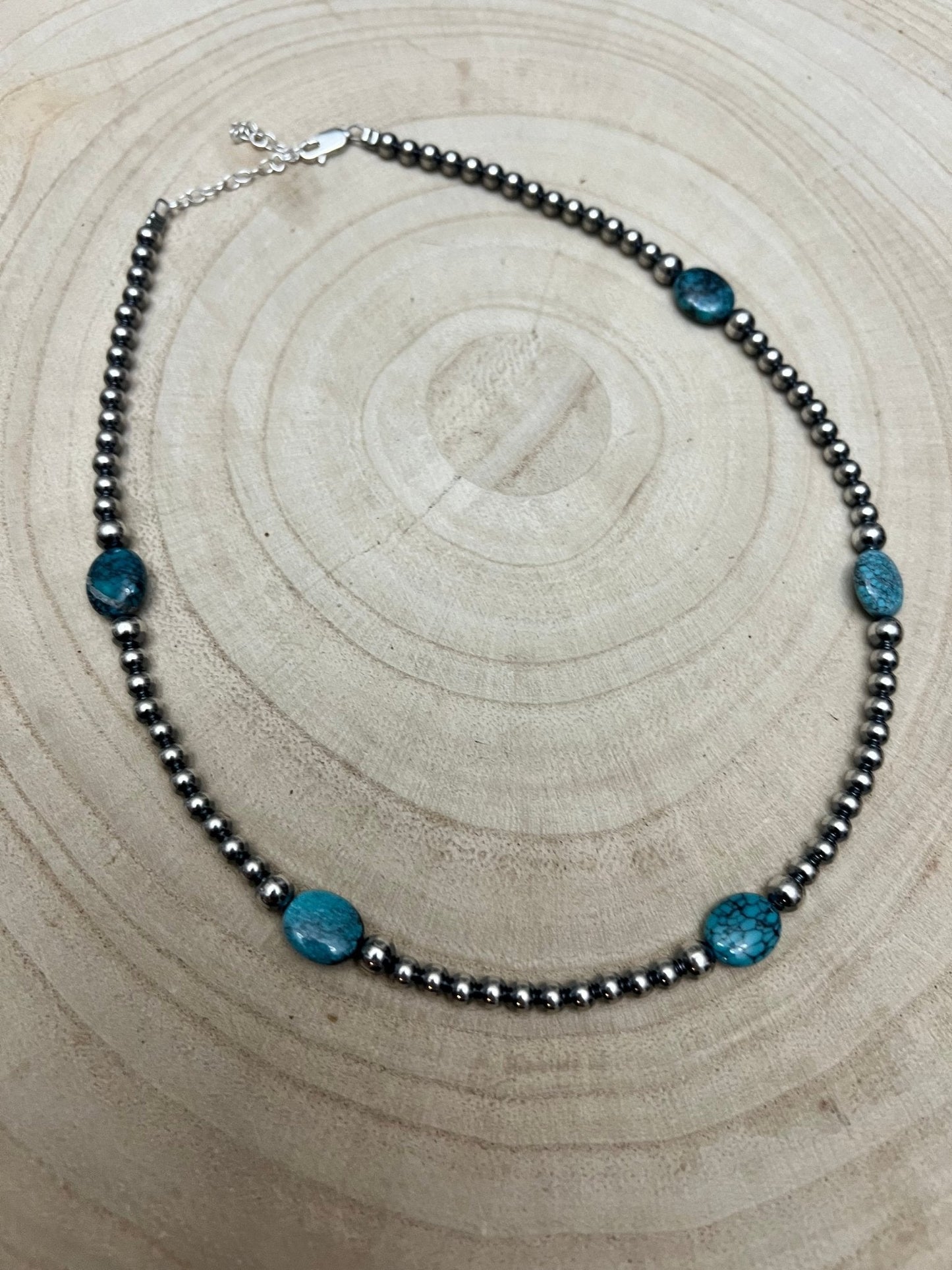 4mm & 5mm Sterling Pearl & Turquoise Choker — 15 inch (Handmade in North Texas)