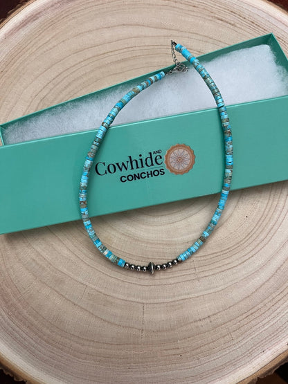 4mm Sterling Pearl & Variscite Turquoise Saucer Bead Choker — 14 inch (with 3 inch extender)