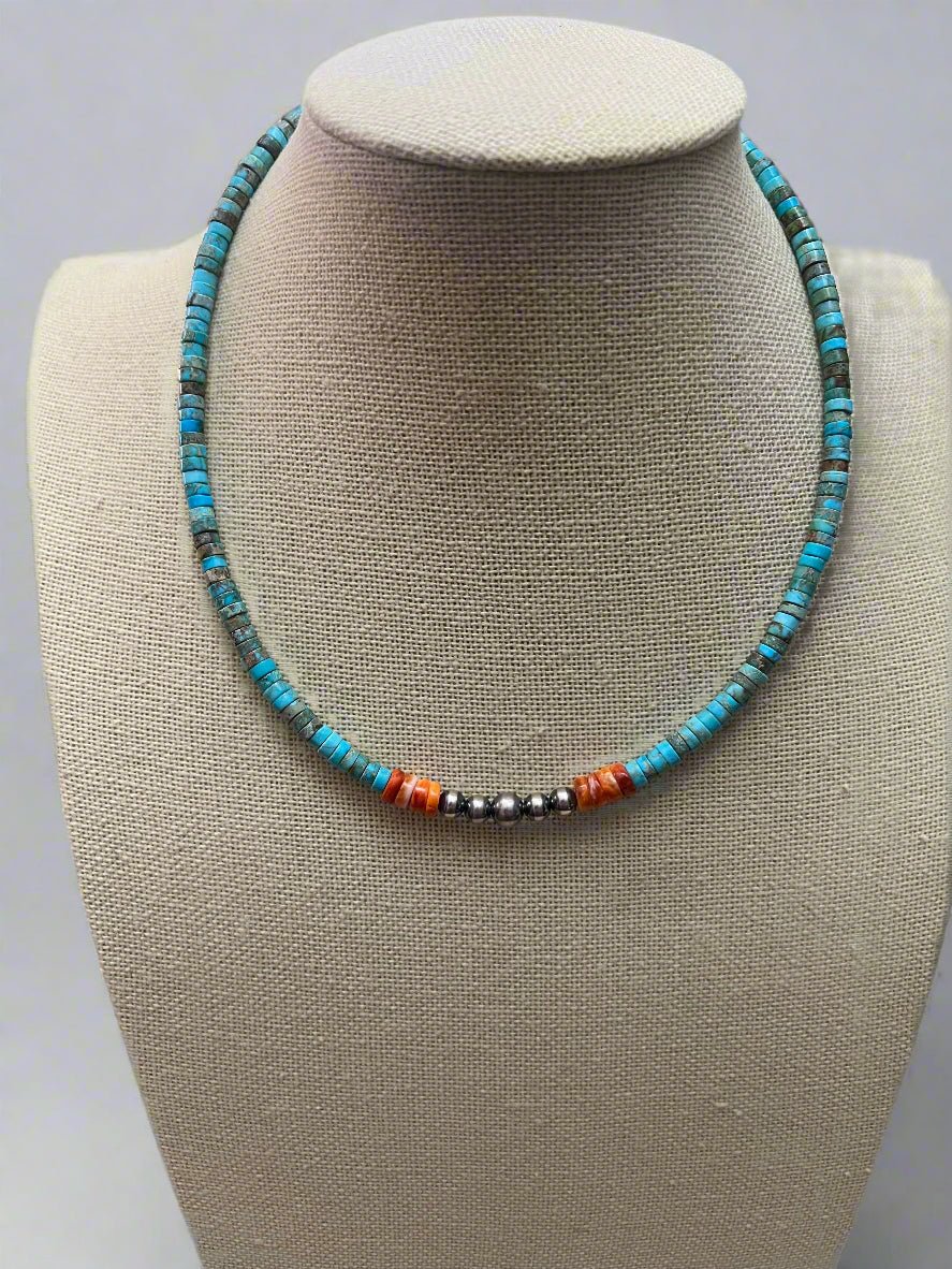 "The Vibrant" Choker — Spiny Oyster, Variscite Turquoise & Sterling Pearl — 14 inch (with 3 inch extender)