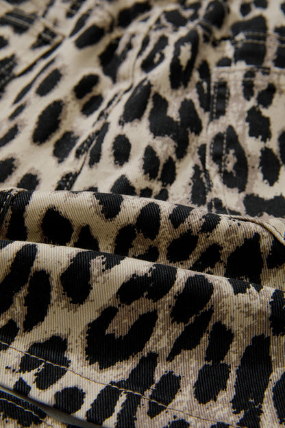 Leopard Denim Drawstring Elastic Waist Shorts
