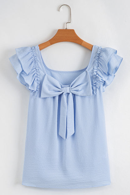 Textured Bow Back Frilled Butterfly Sleeve Blouse