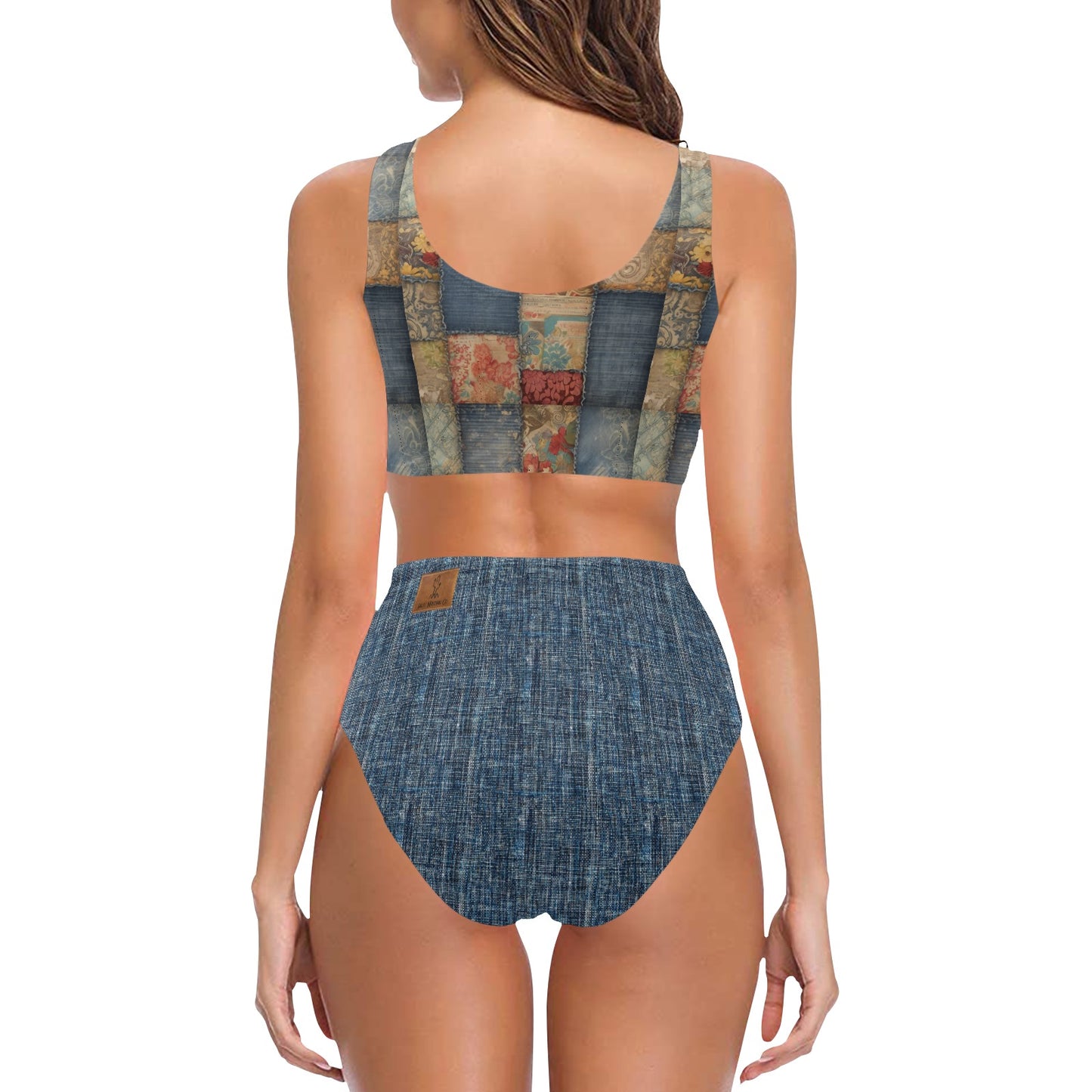 Vintage Patchwork & Denim Bowknot High Waisted Bikini Swimsuit