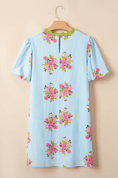 Floral Contrast Ricrac Trim Bubble Sleeve Dress