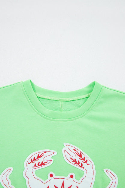 Crab Embroidered Patch Loose Round Neck Tee