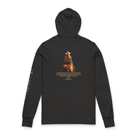 Customized Mustang Brand John 3:8 Cowgirl Unisex Hooded Long Sleeve Tee