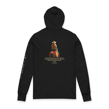 Customized Mustang Brand John 3:8 Cowgirl Unisex Hooded Long Sleeve Tee