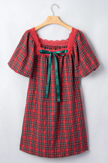 Plaid Lace Trim Square Neck Mini Babydoll Dress