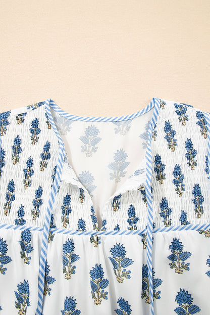 Floral Puff Sleeve Tied Neck Pocketed Mini Dress