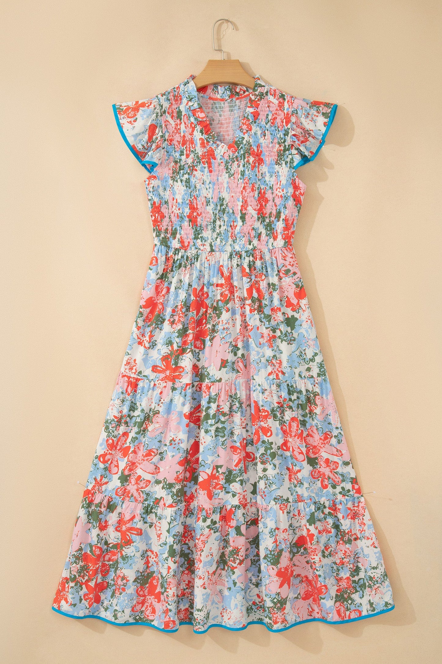 Floral Flutter Sleeve Smocked V-Neck Maxi Dress