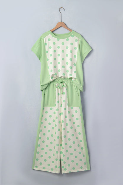 Polka Dot Patchwork Top & Wide Leg Pants Set