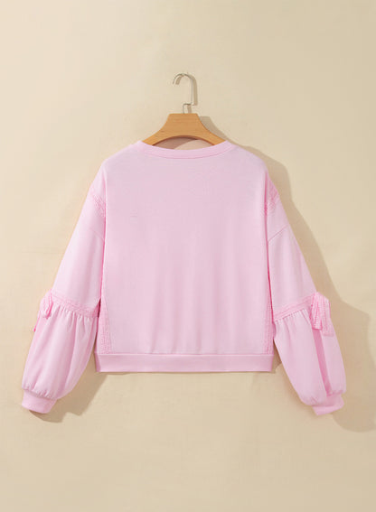 Solid Lace Trim Raw Seam Loose Sweatshirt