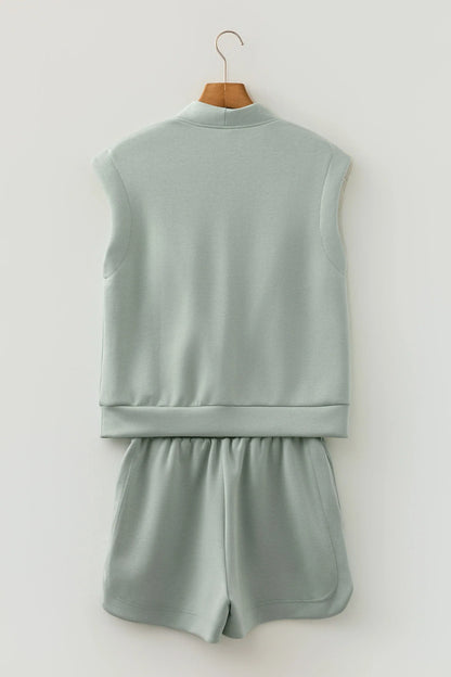 Solid Quarter Zip Sleeveless Top & Shorts Set
