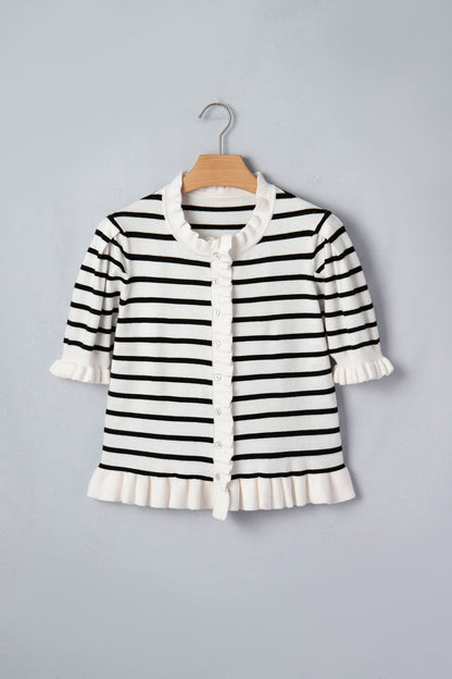 Stripe Ruffle Knit Short Sleeve Buttoned Cardigan