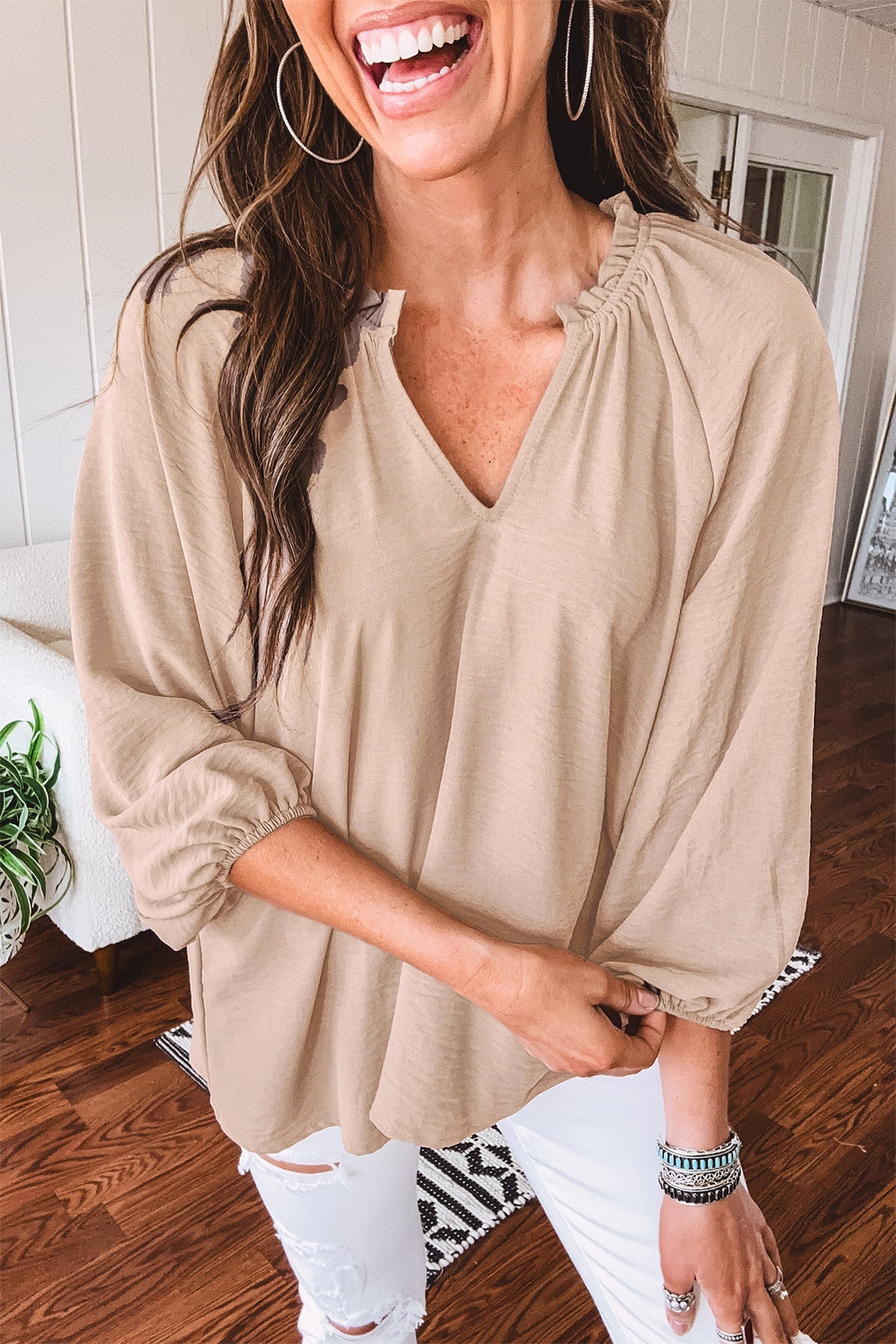 Solid Gathered Cuff 3/4 Sleeve V-Neck Blouse