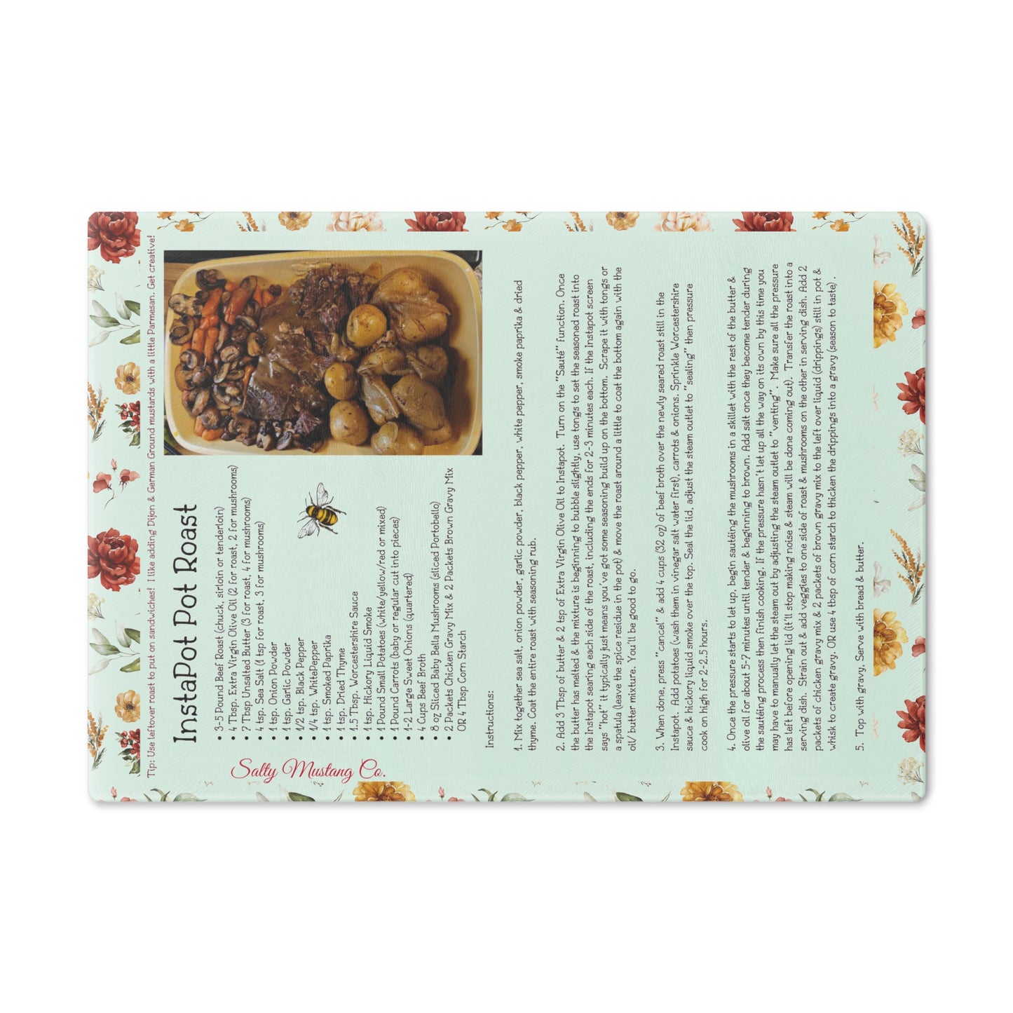 Highland Queen Ranch InstaPot Pot Roast Recipe Rustic Floral Honey Bee Glass Cutting Board