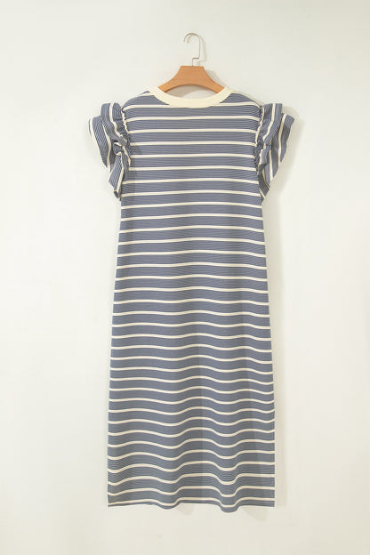 Plus Size Stripe Ruffle Sleeve Button V-Neck Dress