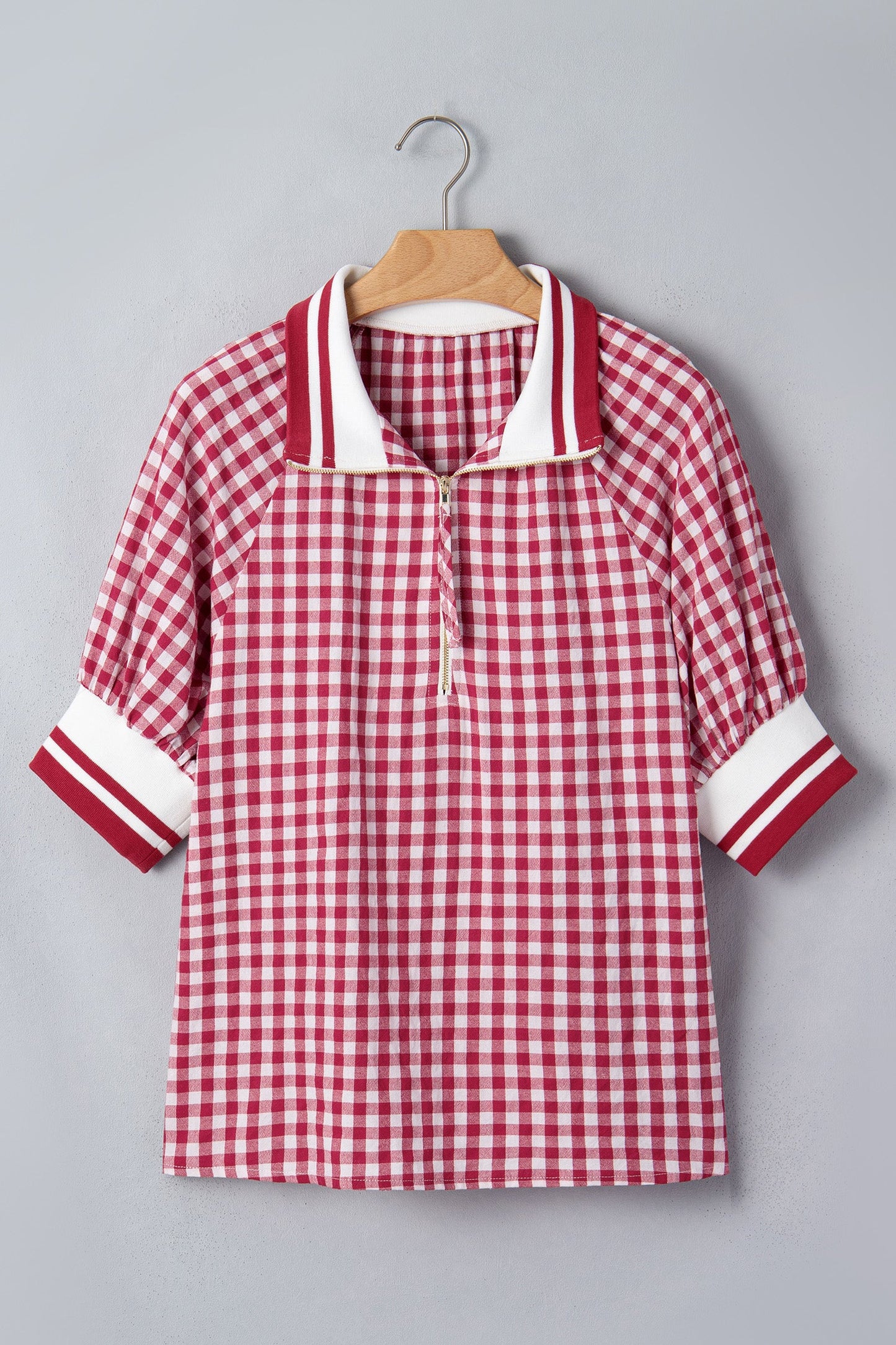 Gingham Stripe Patchwork Half Zip Collared Blouse