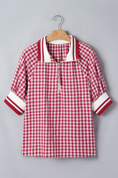 Gingham Stripe Patchwork Half Zip Collared Blouse