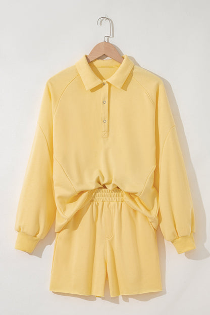 Solid Buttoned Collar Pullover & Shorts Set