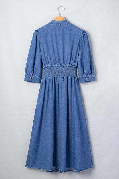 Denim Shirred Waist Zip-Up V-Neck Midi Dress